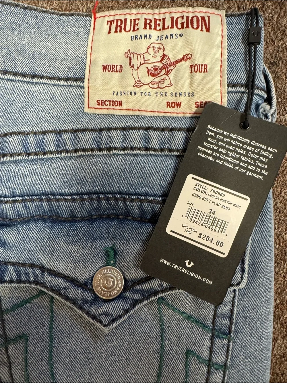NWT True Religion Geno Big T Flap Slim Jeans 34x32 Light Blue